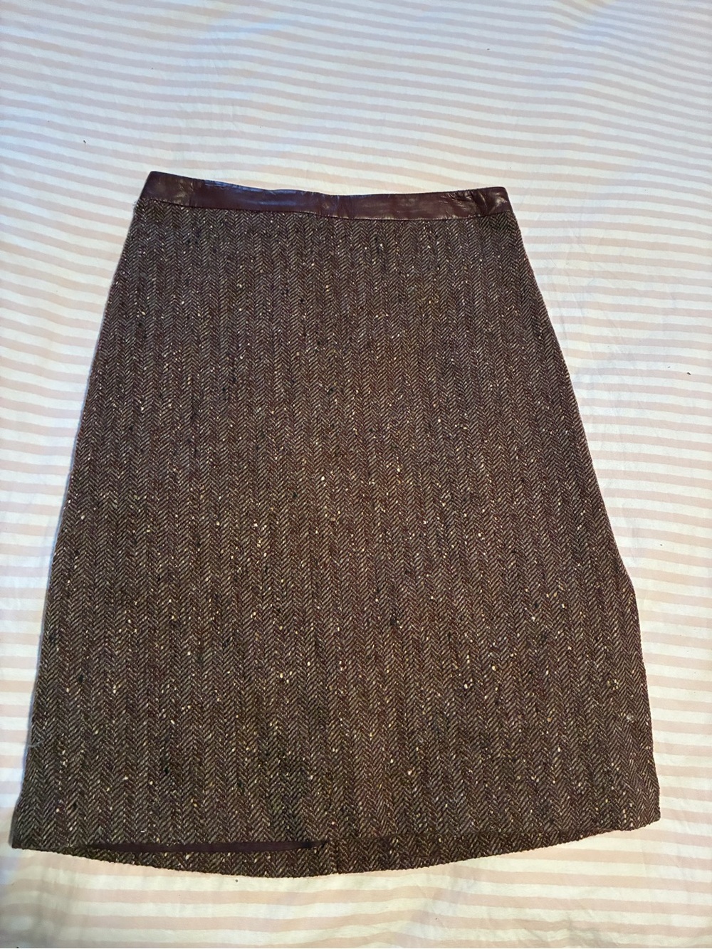 Brown Herringbone Pencil Skirt with Leather Trim